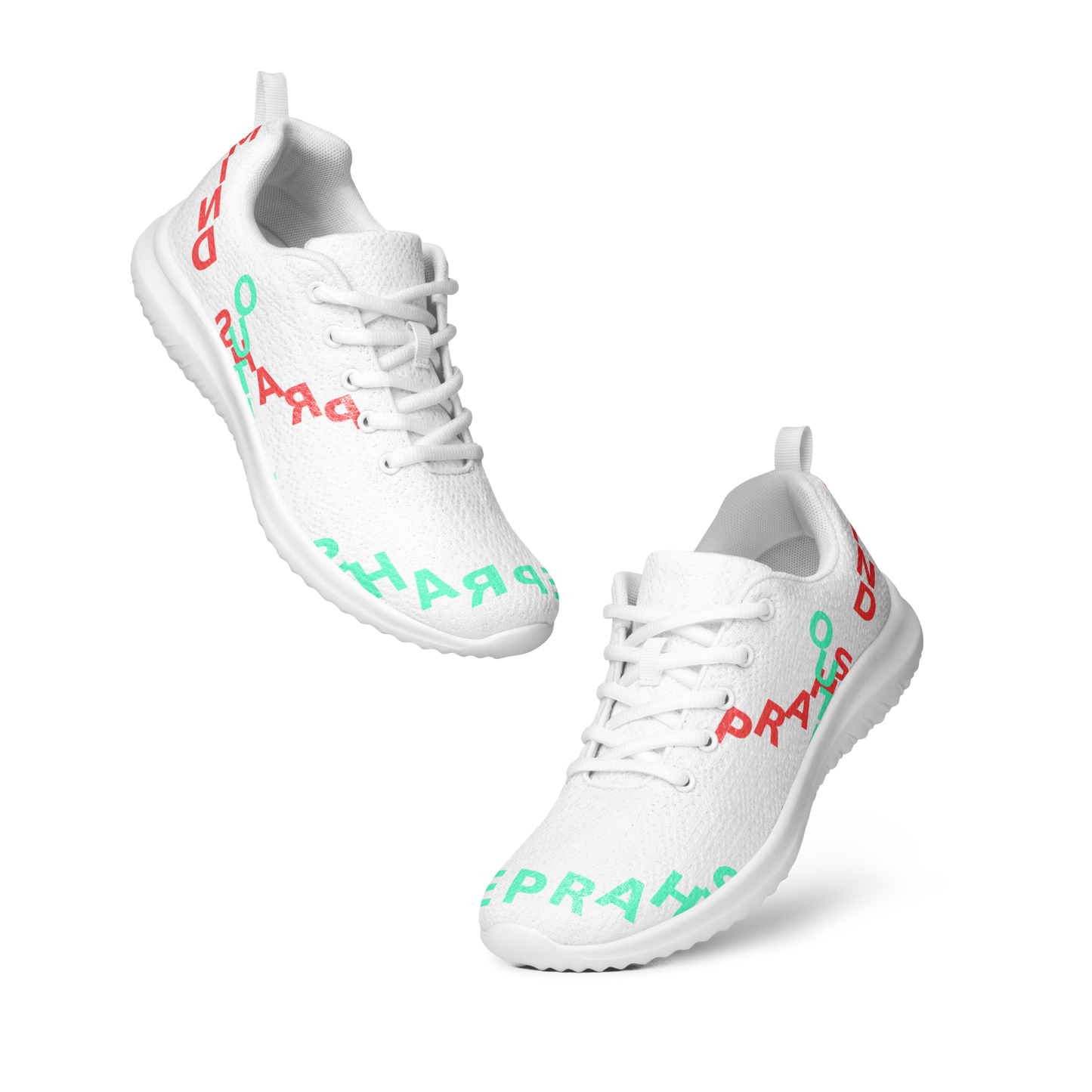 White women’s athletic shoes with mint green and red lettering: PRAY. THINK. WANDER. MISITIS™ design.