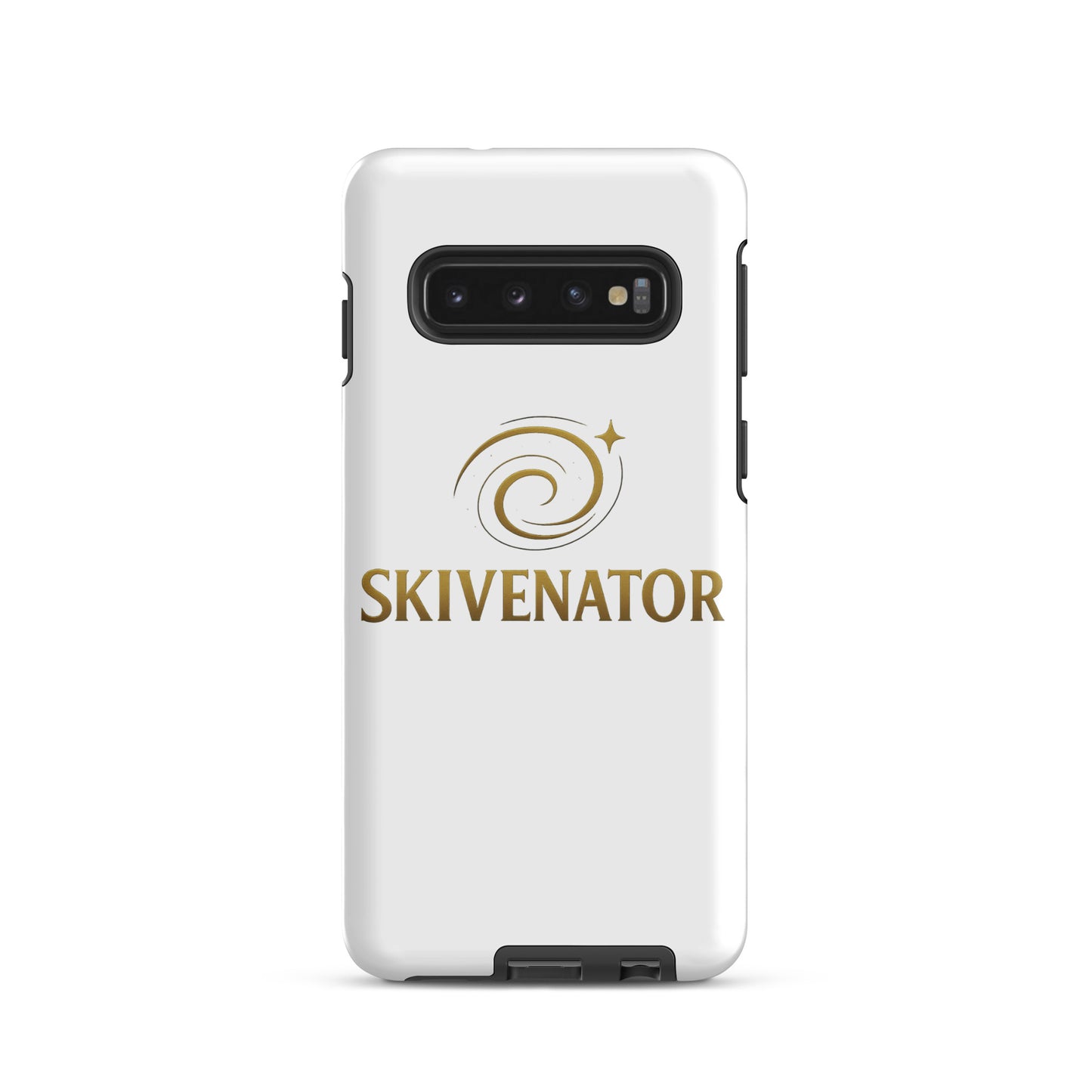 White Samsung® case with SKIVENATOR swirl emblem in gold – bold and sleek.