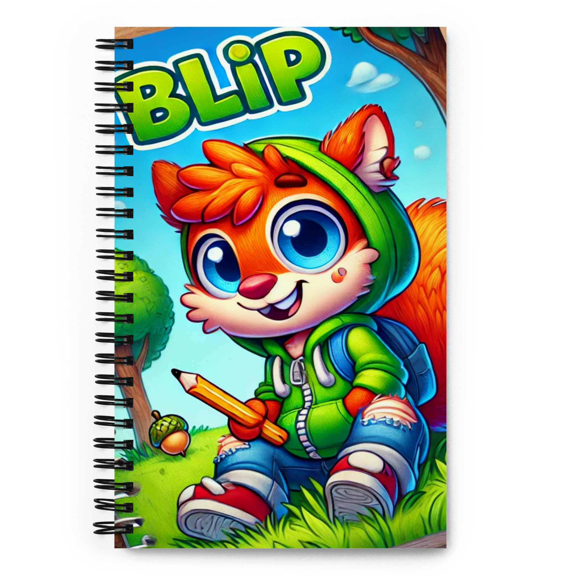 Spiral notebook with colorful Blip™ character in green hoodie, holding a pencil. Kid-friendly design.