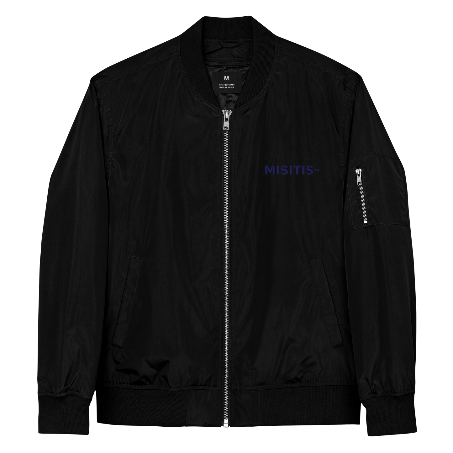 Black bomber jacket with blue MISITIS™ logo on chest and quote printed on back.