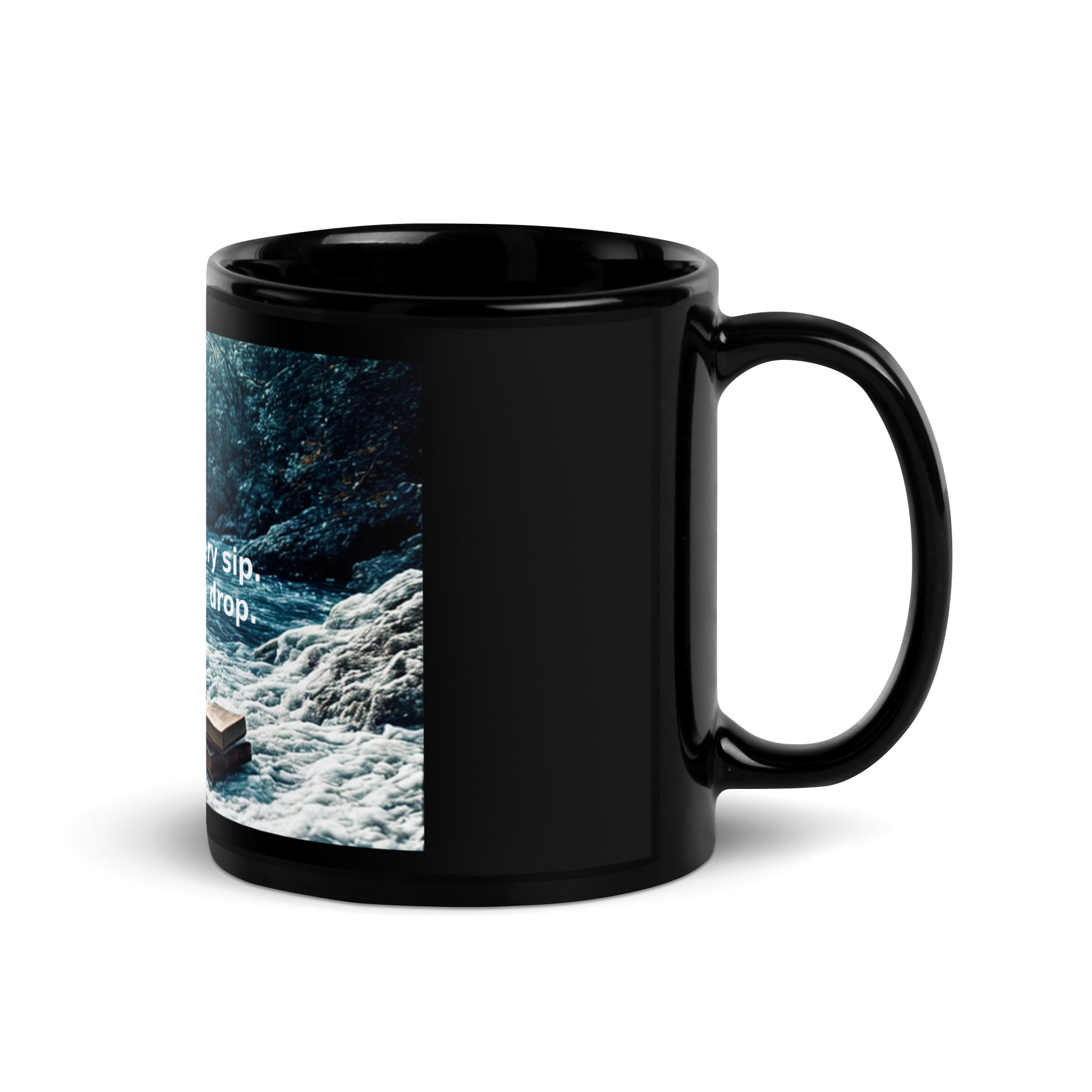 Glossy black mug featuring printed ocean wave artwork crashing across the surface.