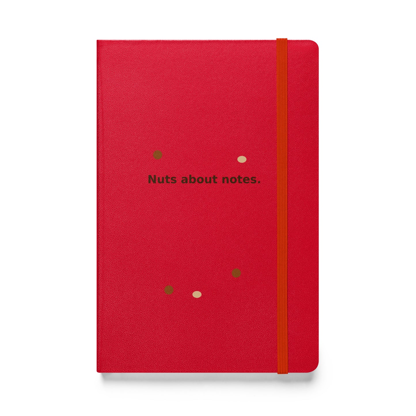 Red hardcover notebook with yellow elastic band and printed quote: “Nuts about notes.” MISITIS™ stationery.
