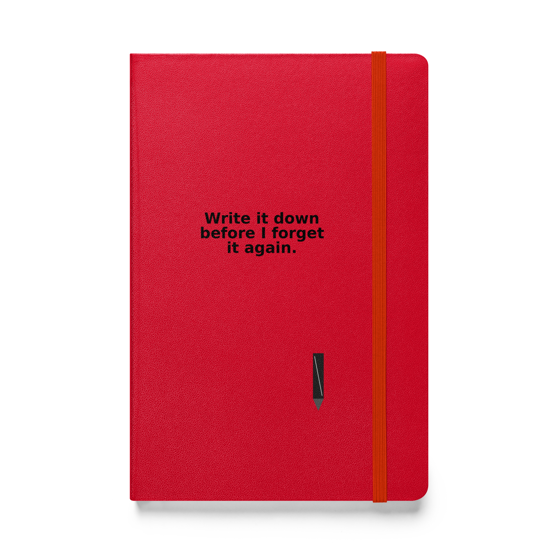 
Red hardcover notebook with yellow elastic band and printed quote: “Wrote it down… then forgot it again.” MISITIS™ brand.