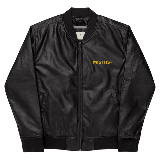 Black leather bomber jacket with yellow MISITIS™ logo on the chest. Front-facing view.