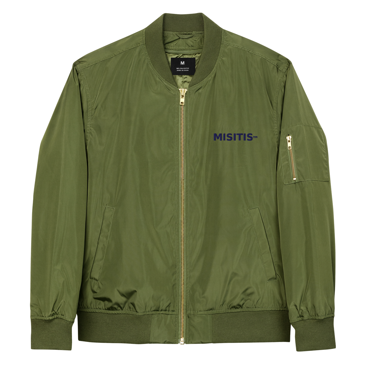 Olive green bomber jacket with blue MISITIS™ logo on the front, made from recycled materials.