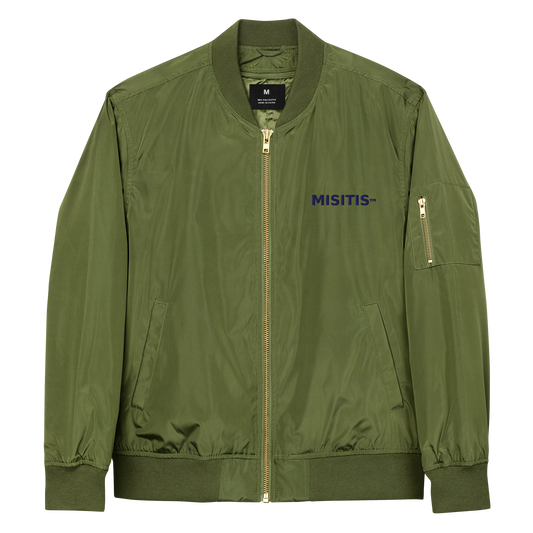 Olive green bomber jacket with blue MISITIS™ logo on the front, made from recycled materials.