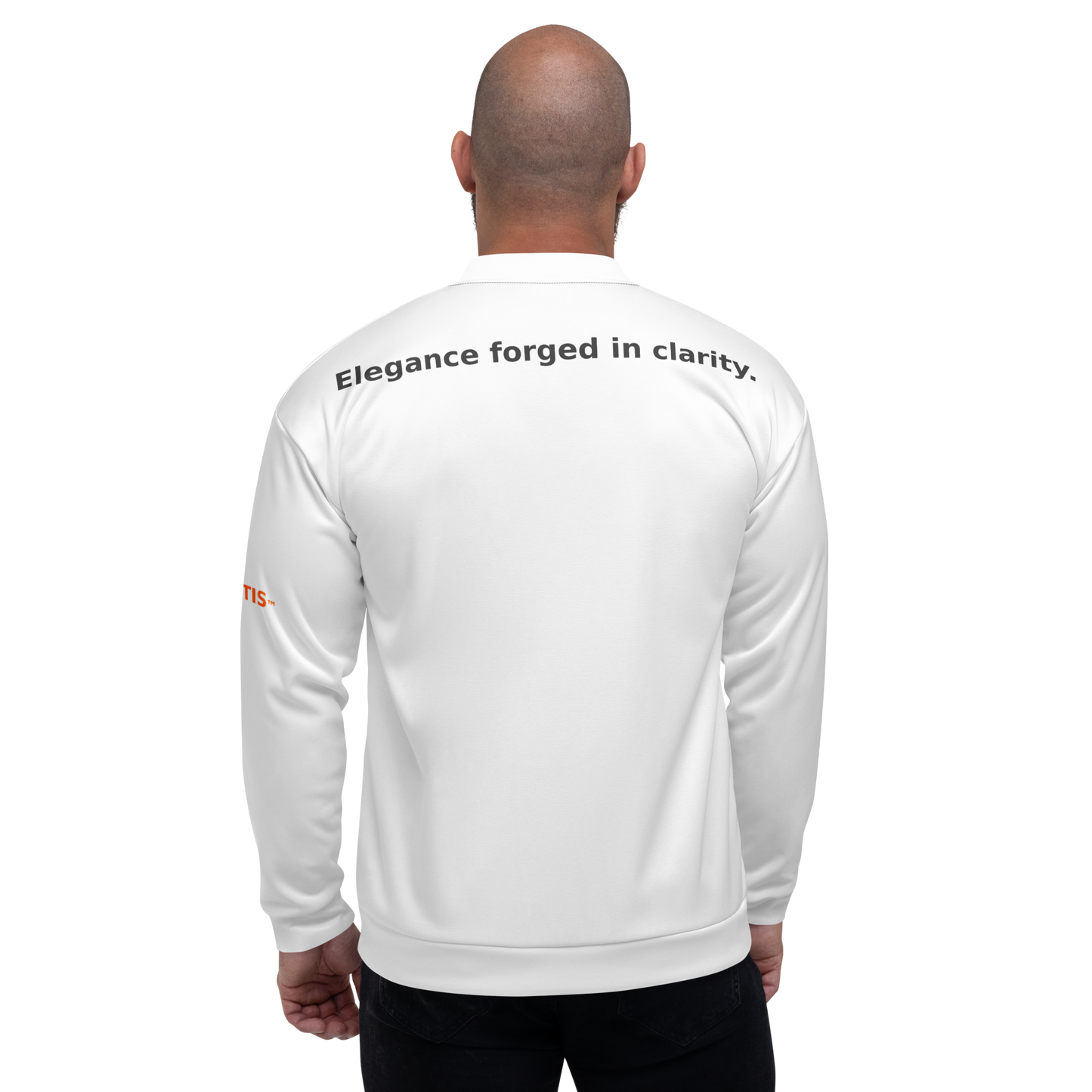 White bomber jacket with black quote printed on upper back: “Elegance forged in clarity.” Unisex fit.