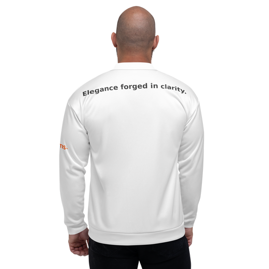 White bomber jacket with black quote printed on upper back: “Elegance forged in clarity.” Unisex fit.
