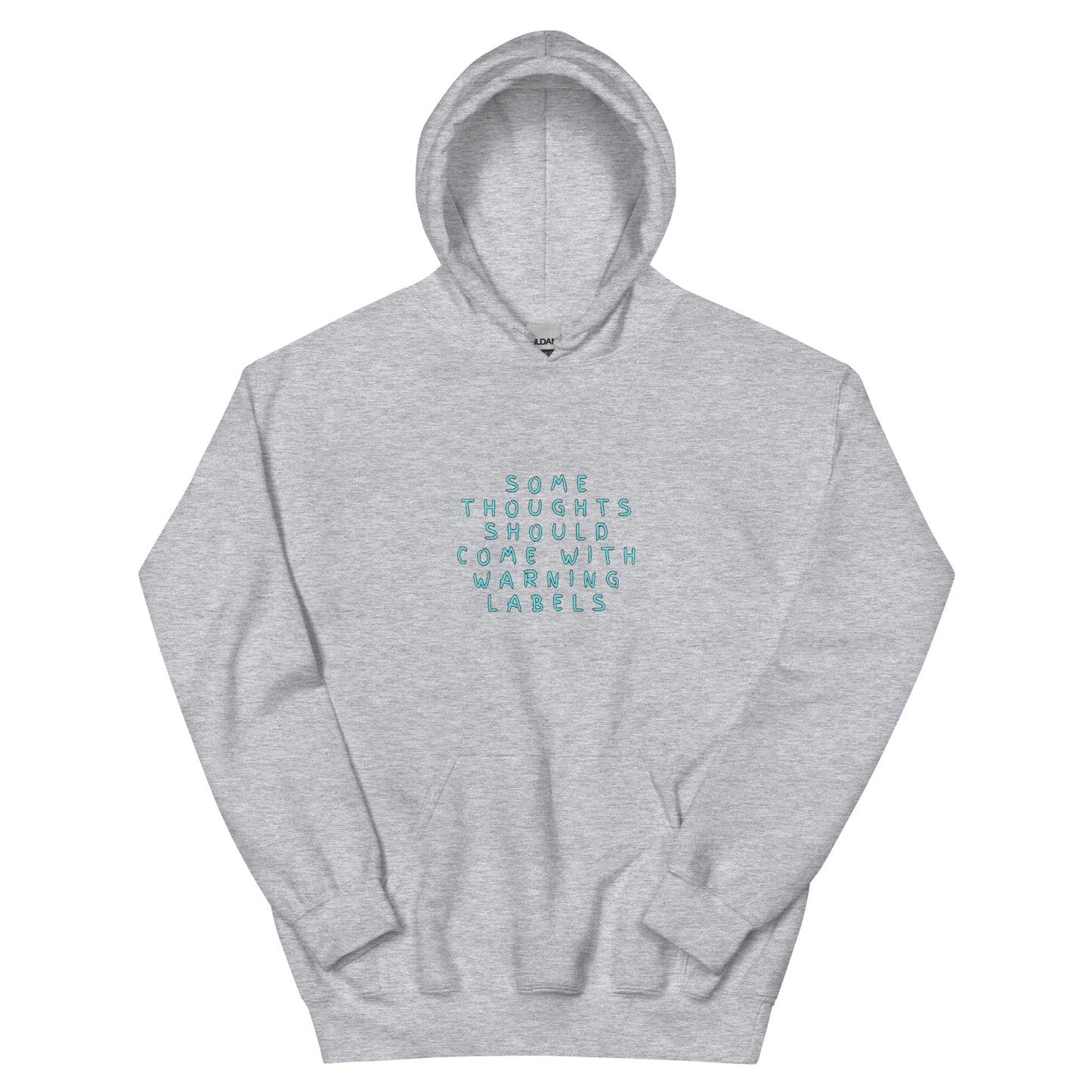 Sport grey hoodie with the quote “Some thoughts should come with warning labels” printed in aqua blue.
