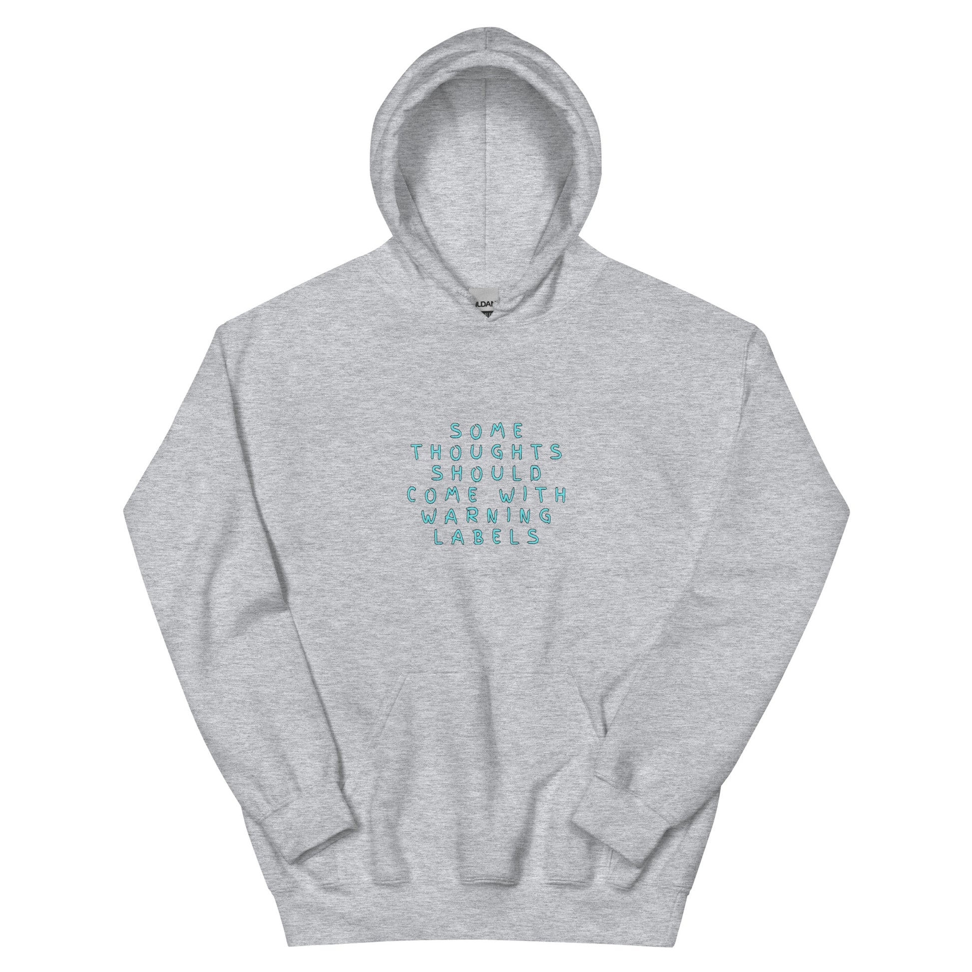 Sport grey hoodie with the quote “Some thoughts should come with warning labels” printed in aqua blue.
