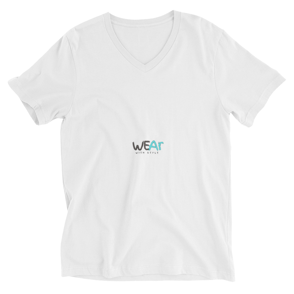 White V-neck T-shirt with minimalist MISITIS™ “WEAR” graphic in glitch-style lettering.
