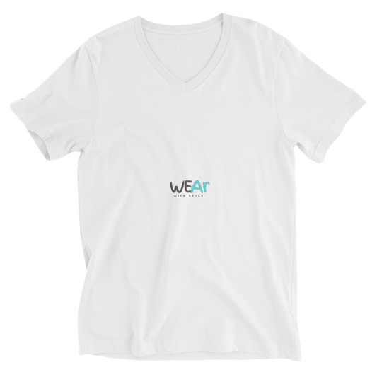 White V-neck T-shirt with minimalist MISITIS™ “WEAR” graphic in glitch-style lettering.
