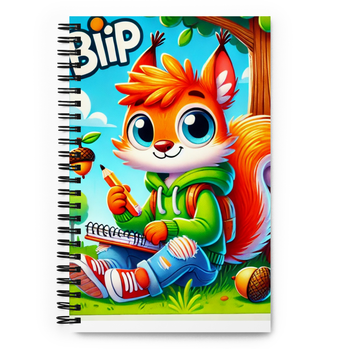 Bright spiral notebook with cartoon Blip™ character holding a pencil, in a cheerful forest scene.