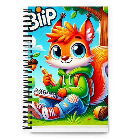 Bright spiral notebook with cartoon Blip™ character holding a pencil, in a cheerful forest scene.