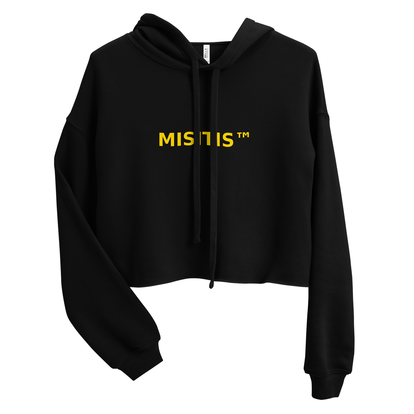 Black cropped hoodie with the MISITIS™ logo printed in bold yellow text across the chest, displayed flat on a transparent background.

