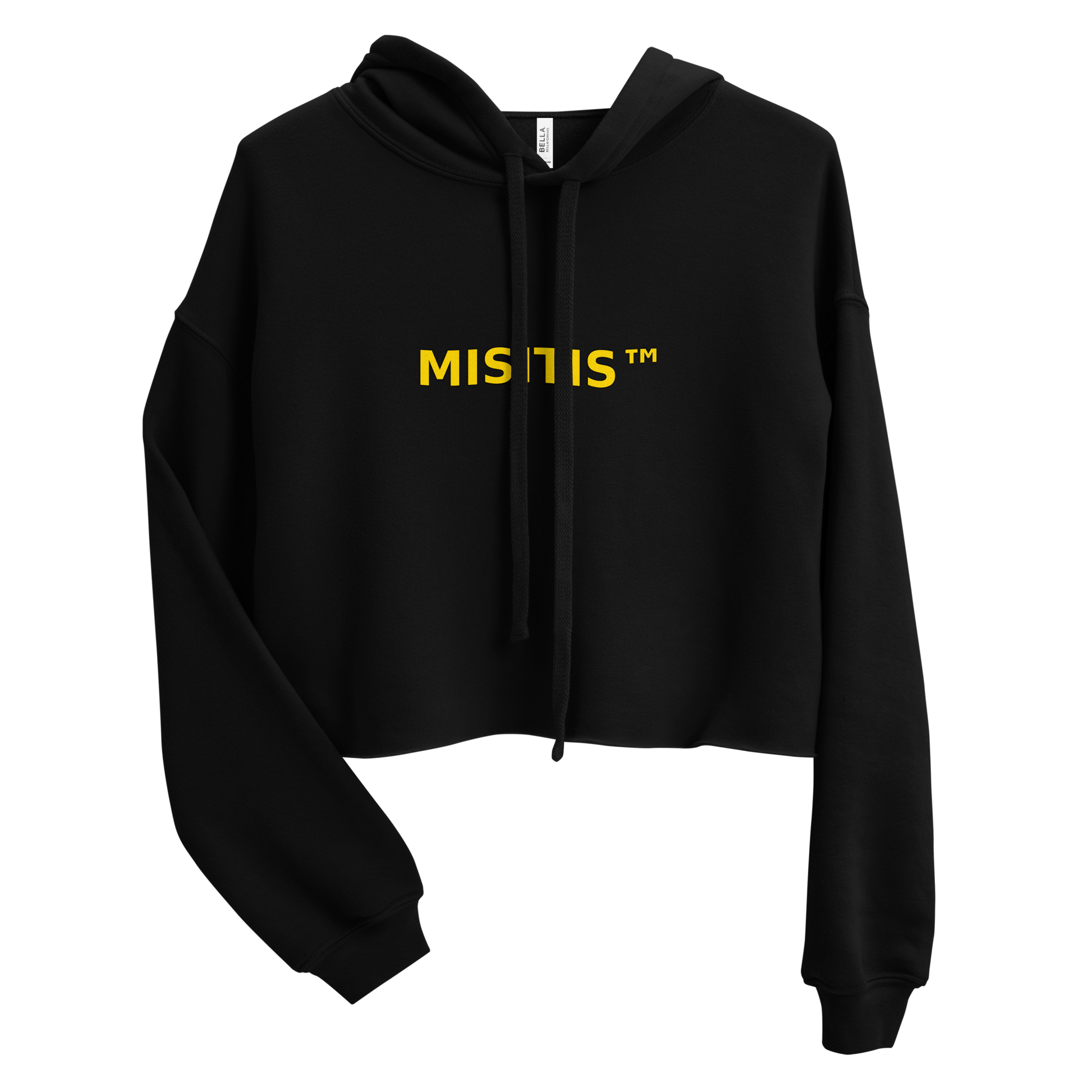Black cropped hoodie with the MISITIS™ logo printed in bold yellow text across the chest, displayed flat on a transparent background.

