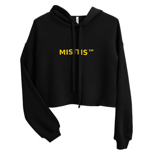 Black cropped hoodie with the MISITIS™ logo printed in bold yellow text across the chest, displayed flat on a transparent background.
