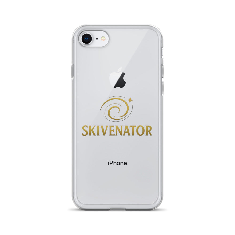 Clear iPhone® case with gold SKIVENATOR swirl emblem on back