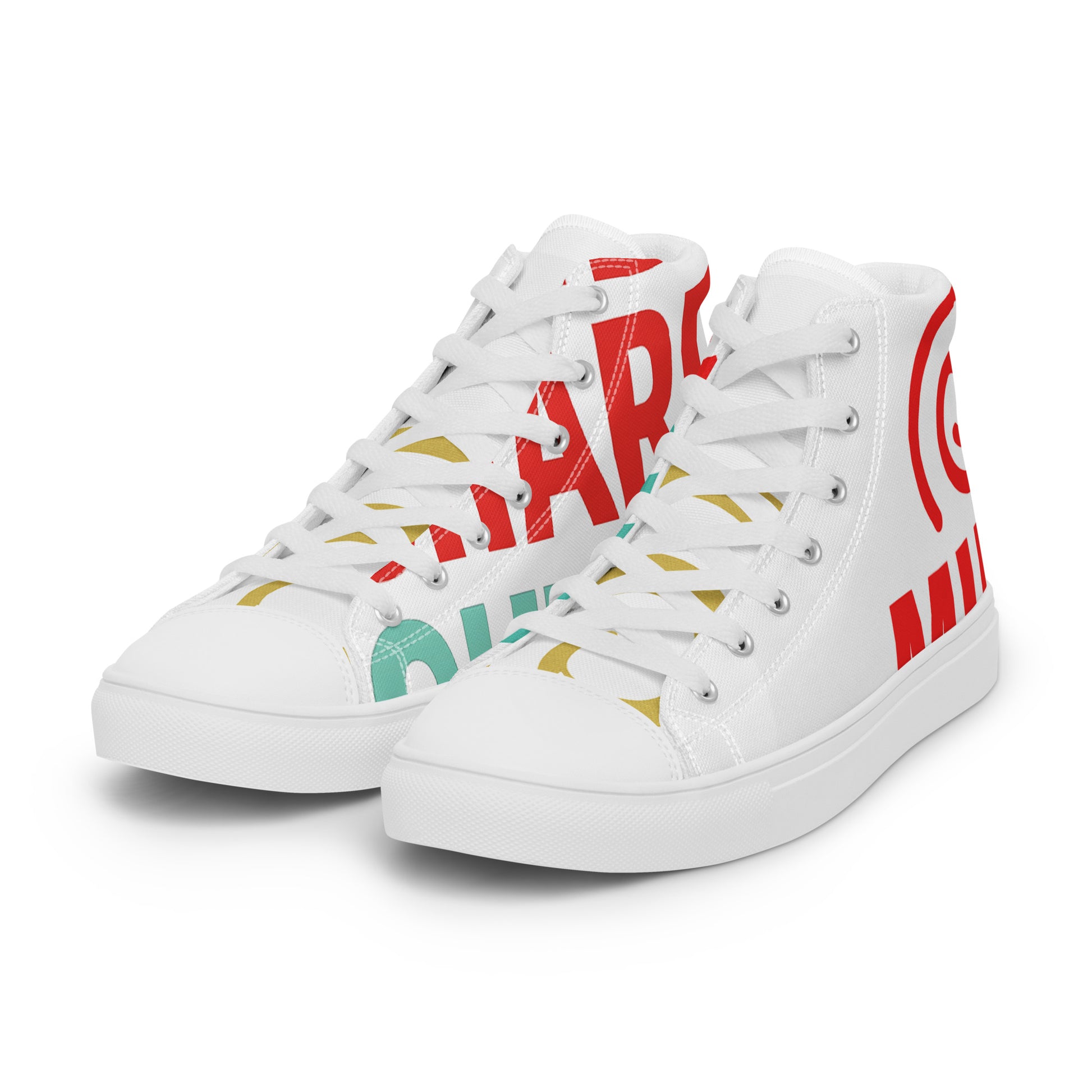 White high-top sneakers with red, teal, and gold wraparound text and a swirl logo, styled with an unfinished print look.