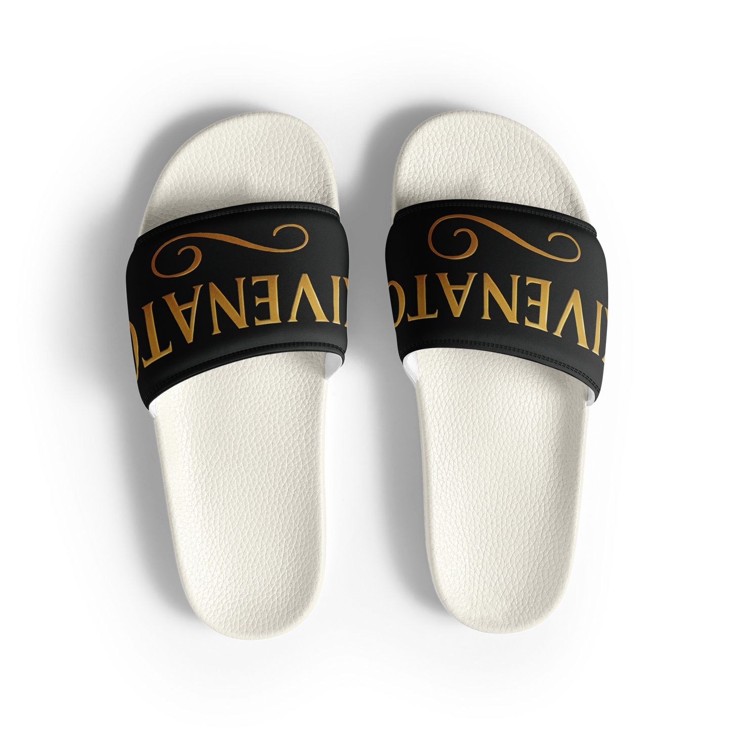 Black SKIVENATOR™ men’s slides with bold gold lettering across the strap