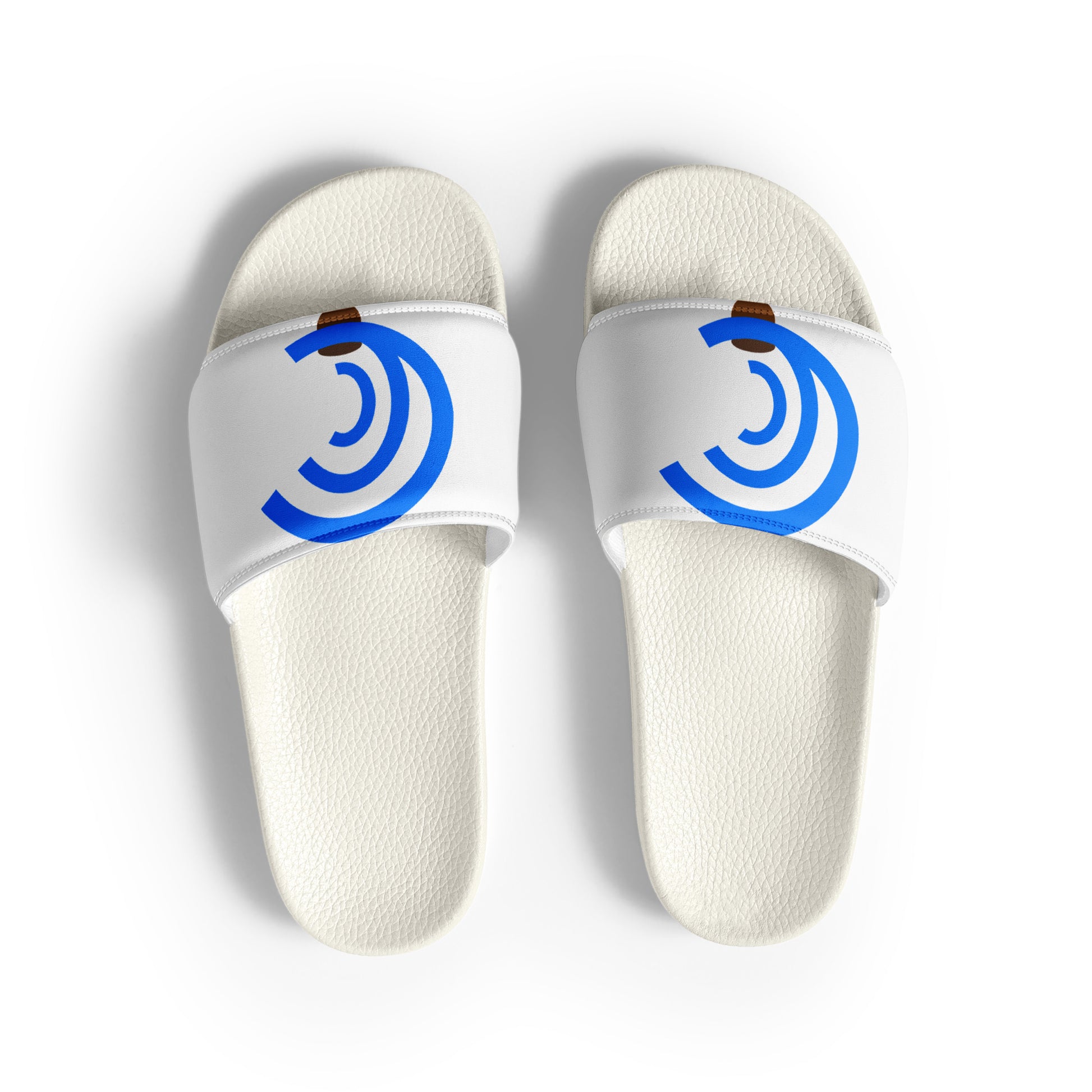 White slides with blue swirl design across the straps, arranged side by side on a clean background.