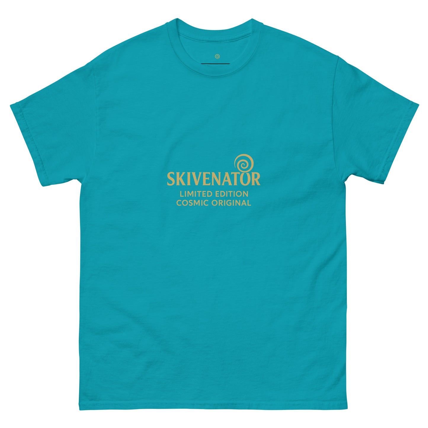 Aqua blue t-shirt with gold SKIVENATOR logo and text reading “Limited Edition Cosmic Original” centered on the front.
