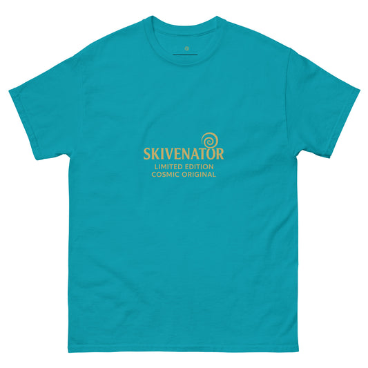 Aqua blue t-shirt with gold SKIVENATOR logo and text reading “Limited Edition Cosmic Original” centered on the front.
