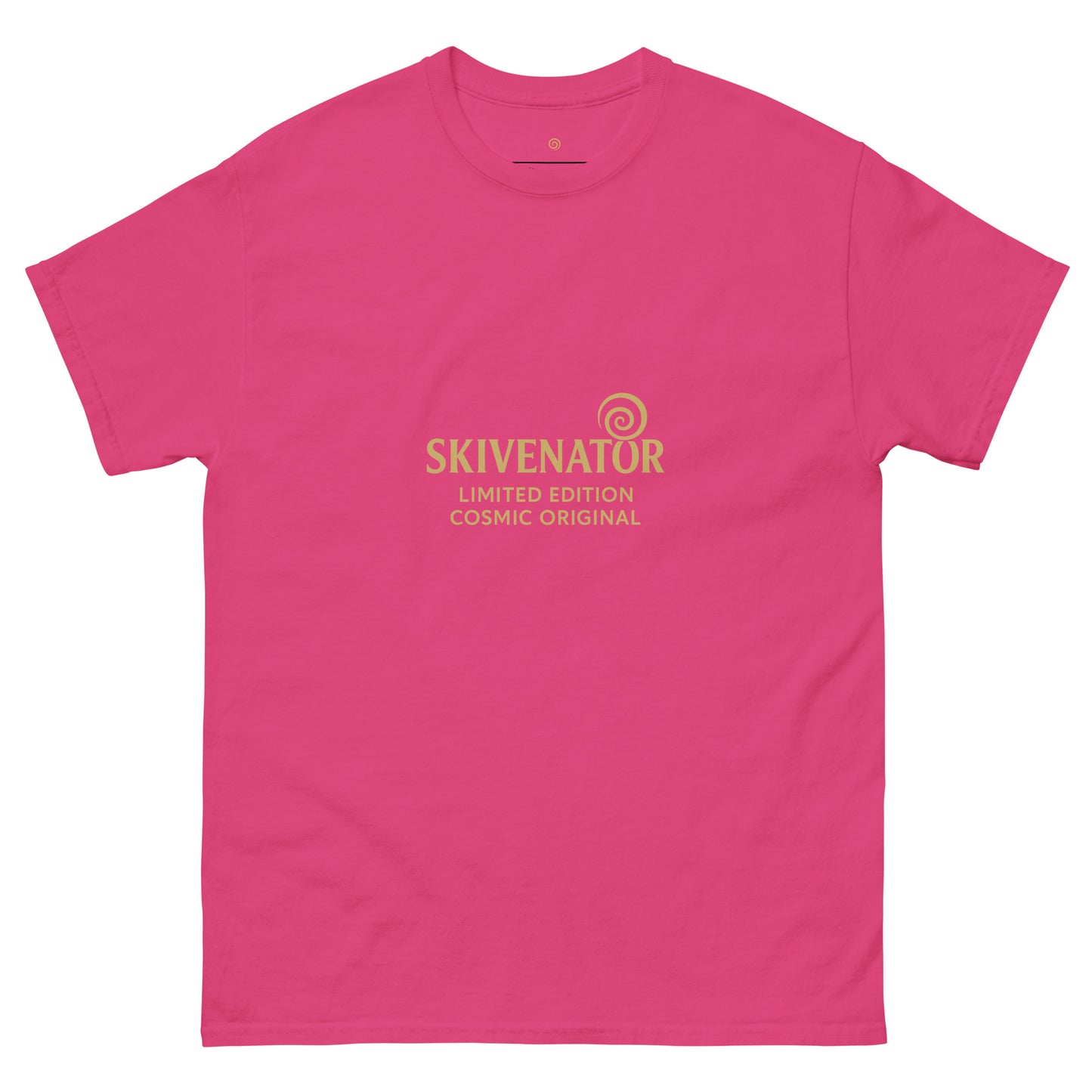 Bright pink unisex t-shirt with gold SKIVENATOR logo and “Limited Edition Cosmic Original” printed on the chest.