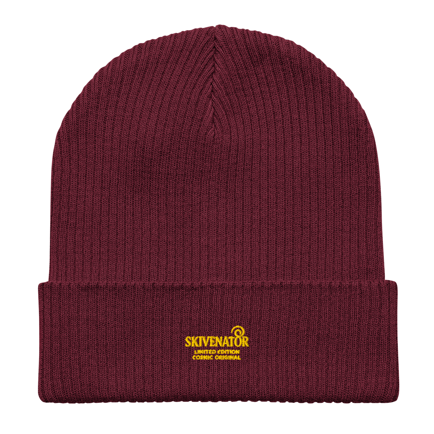 Organic ribbed beanie in multiple colors with the SKIVENATOR embroidery on the cuff, shown in a grid layout.