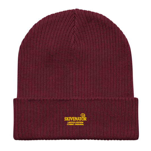 Organic ribbed beanie in multiple colors with the SKIVENATOR embroidery on the cuff, shown in a grid layout.