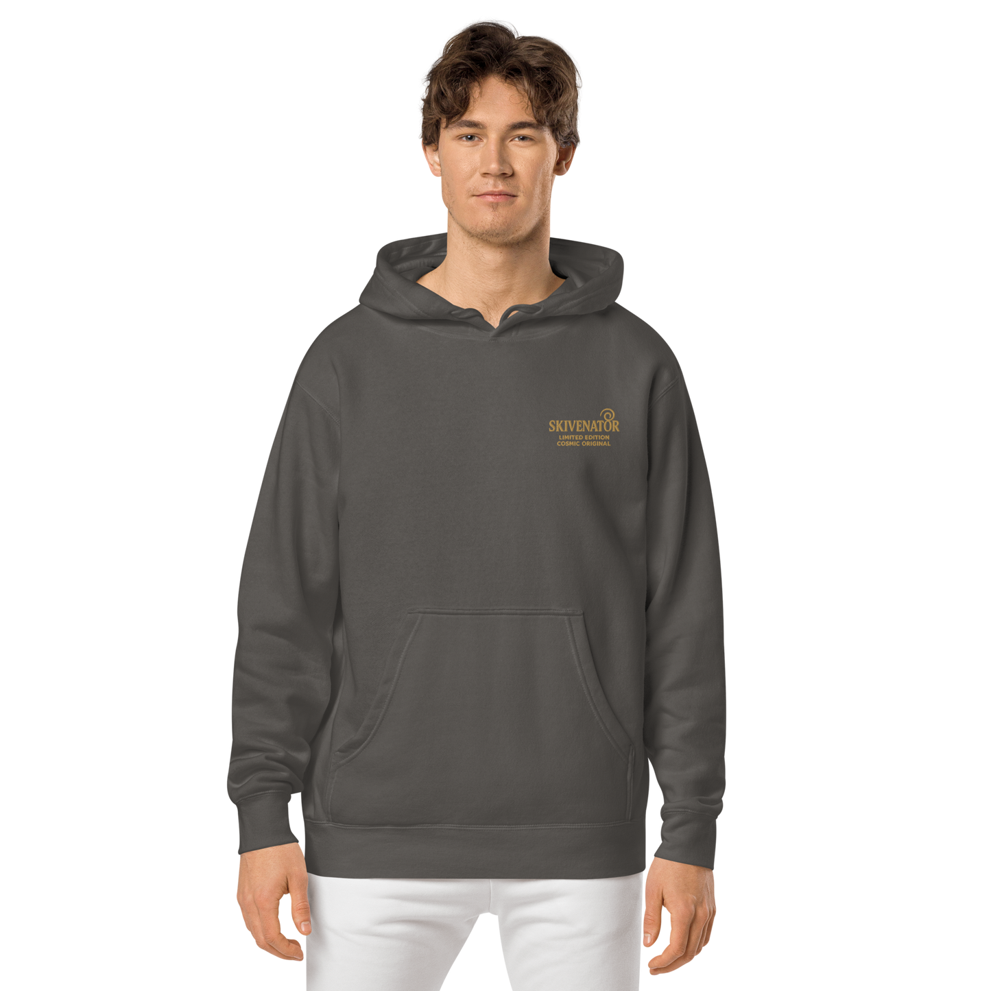 Light gray unisex pigment-dyed hoodie with gold embroidered SKIVENATOR logo on the left chest.
