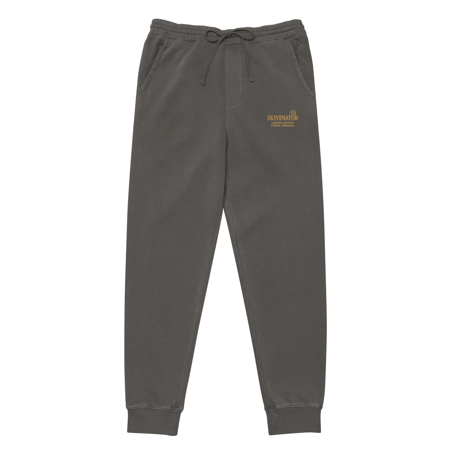 Light gray pigment-dyed joggers with gold embroidered SKIVENATOR logo on the left thigh.
