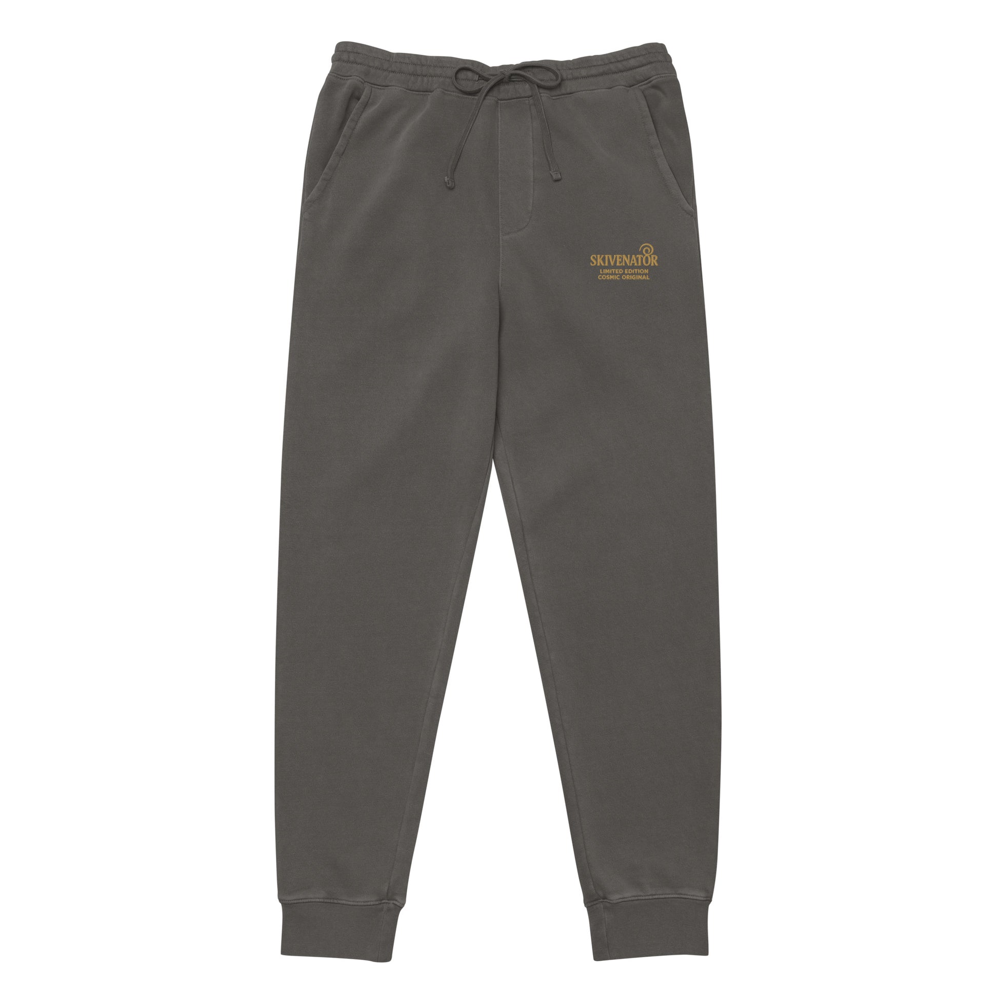 Light gray pigment-dyed joggers with gold embroidered SKIVENATOR logo on the left thigh.
