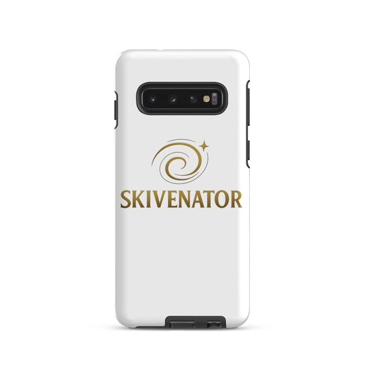 White Samsung® case with SKIVENATOR swirl emblem in gold – bold and sleek.