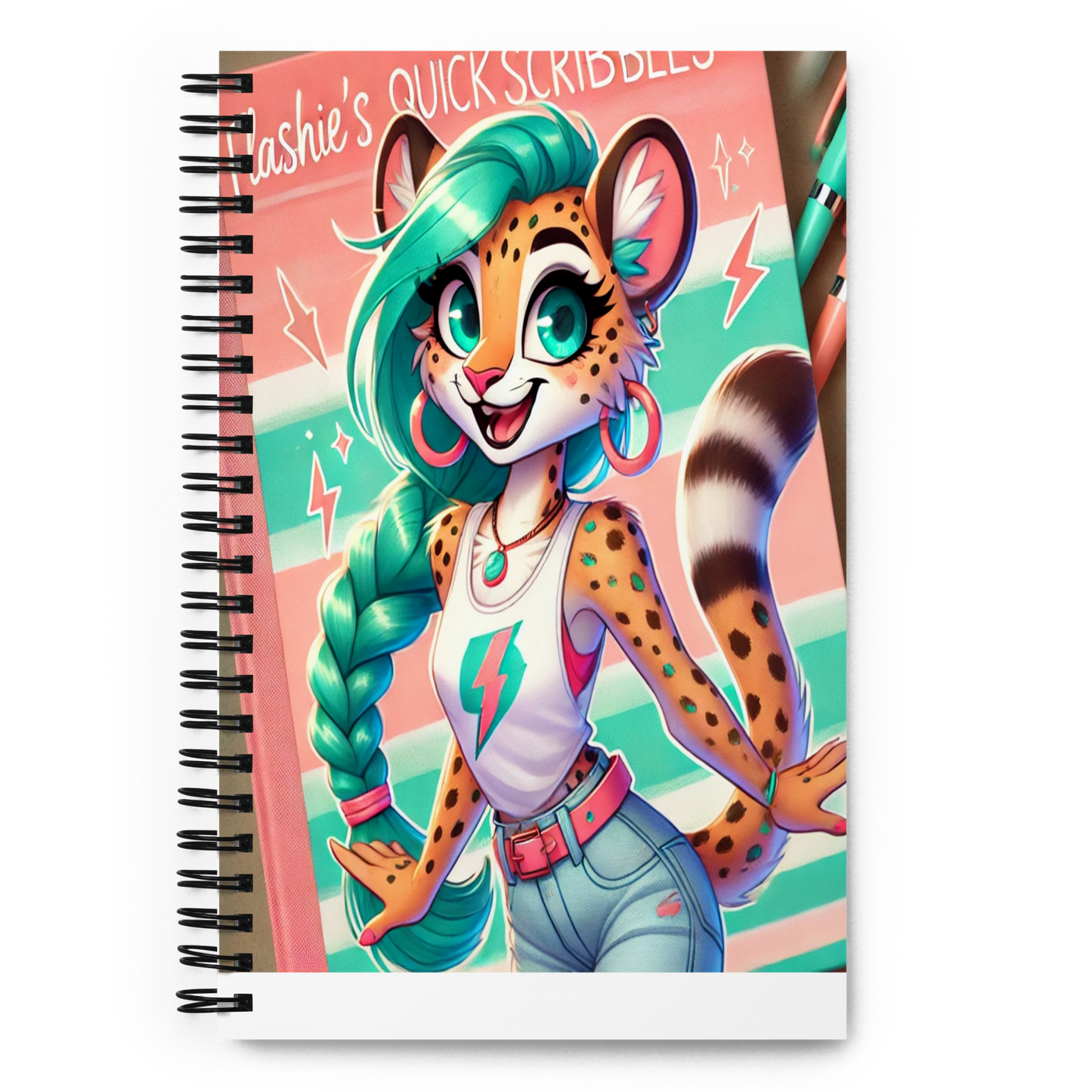 
Spiral notebook with vibrant Flashie™ character on the cover, featuring green braids and a lightning-themed design.