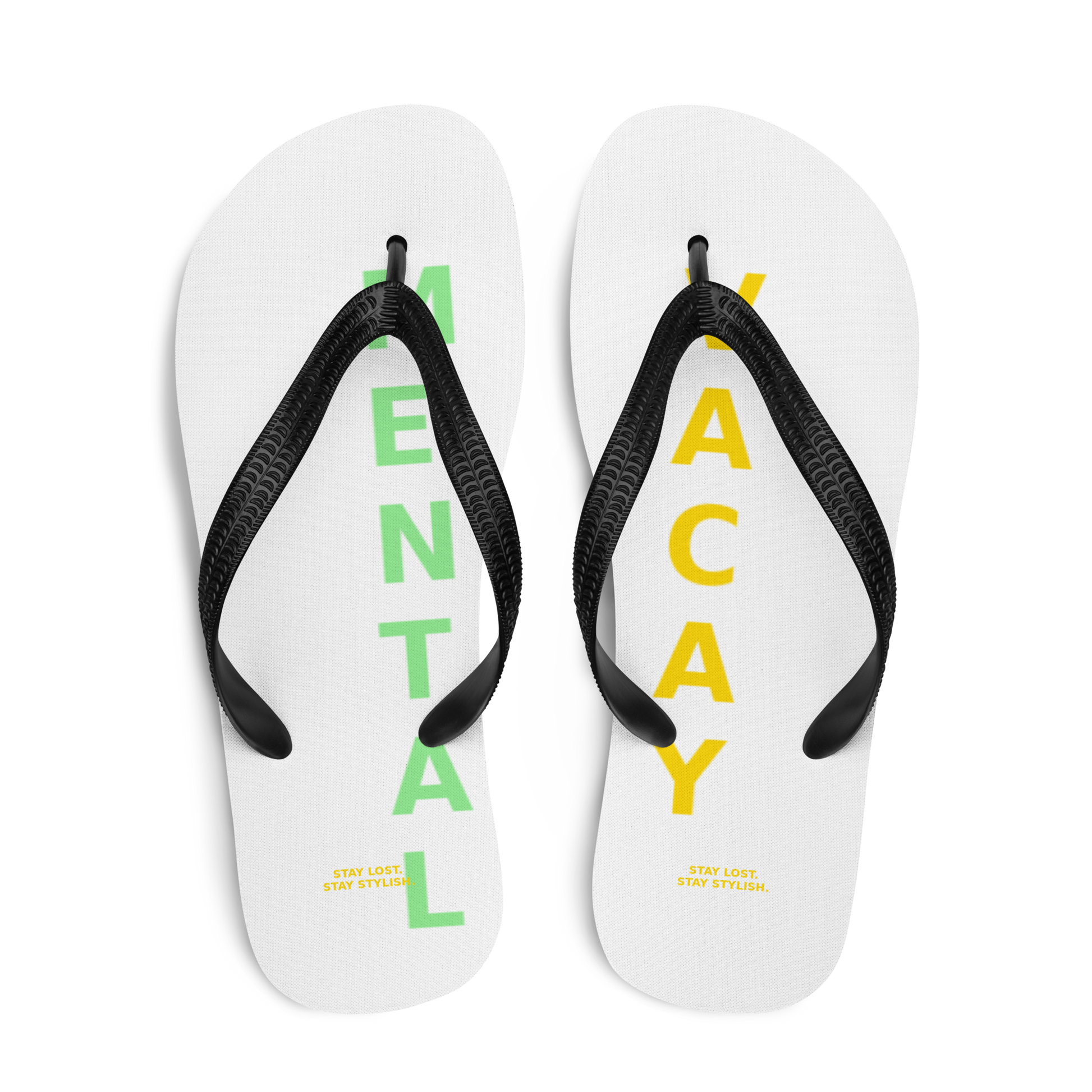 White flip-flops with curved black arc design and black strap, MISITIS™ branding