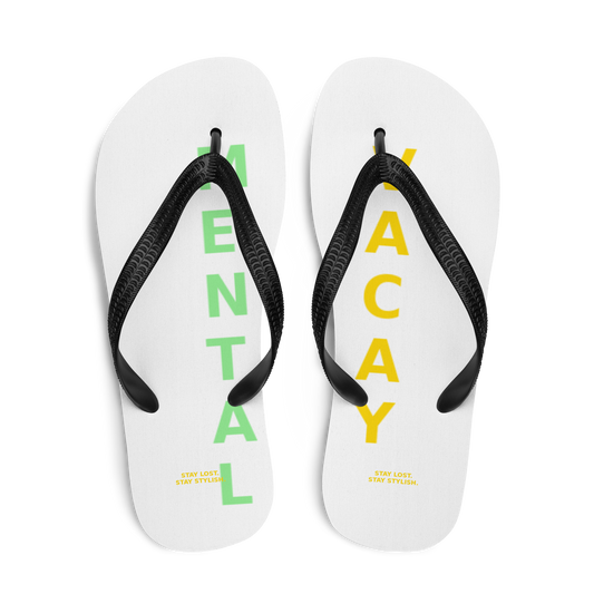 White flip-flops with curved black arc design and black strap, MISITIS™ branding